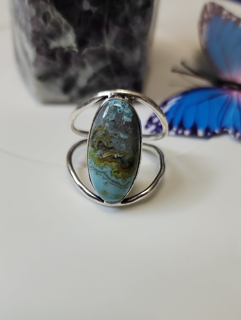 Oval Agate Stone Cuff Ring - Blue Green